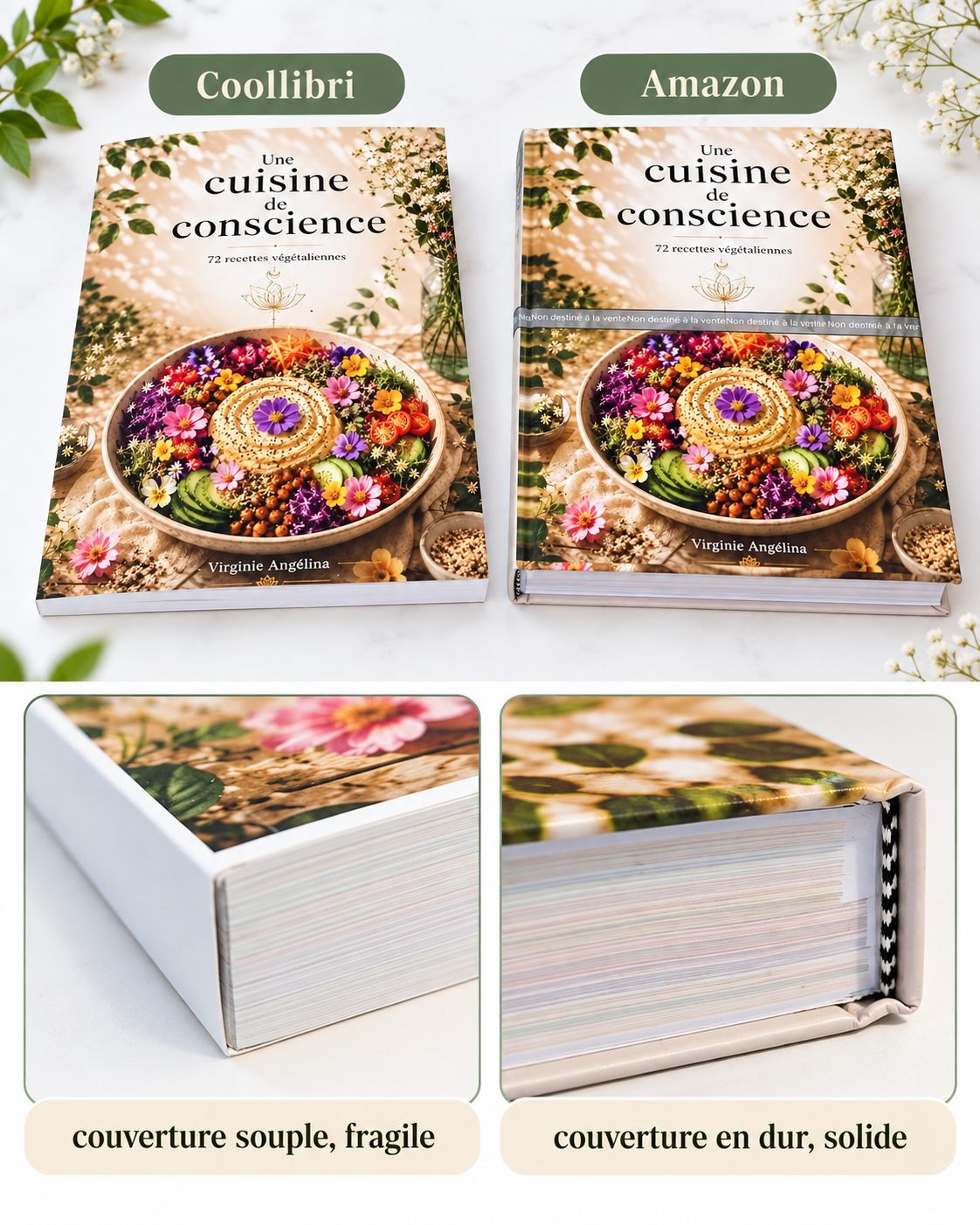 Les deux éditions imprimées côte à côte : CoolLibri, couverture souple, plus fragile ; Amazon, couverture rigide, plus solide